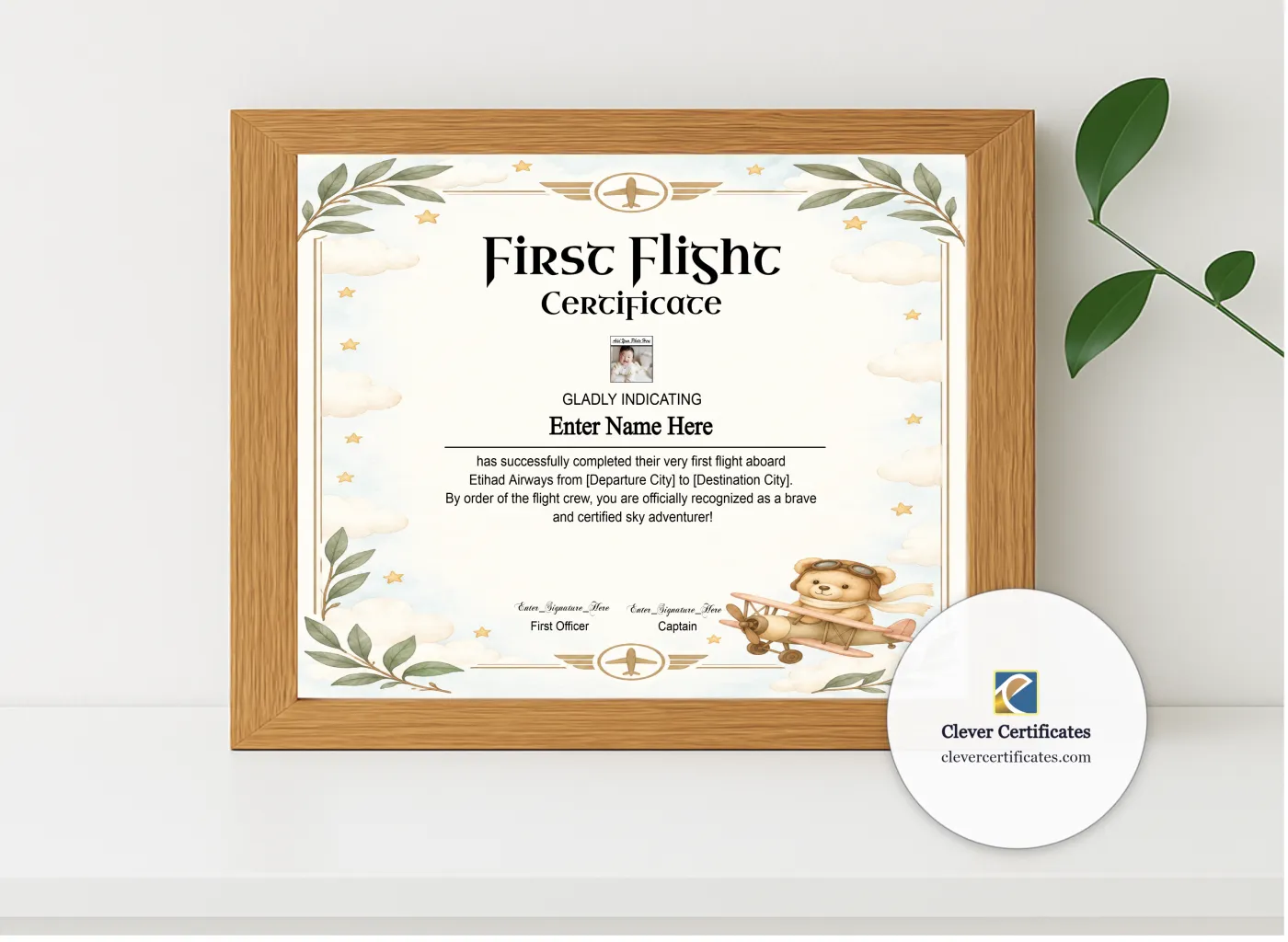 Realistic mockup featuring Etihad Kids First Flight Certificate displayed within a modern frame, set against a minimalistic background.