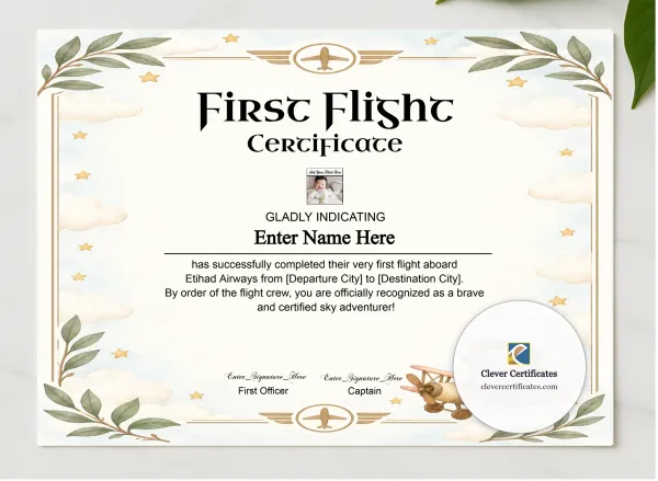Etihad Kids First Flight Certificate presented in a sleek wooden frame, elegantly arranged on a stylish table.