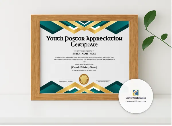 Realistic mockup featuring Youth Pastor Appreciation Certificate displayed within a modern frame, set against a minimalistic background.