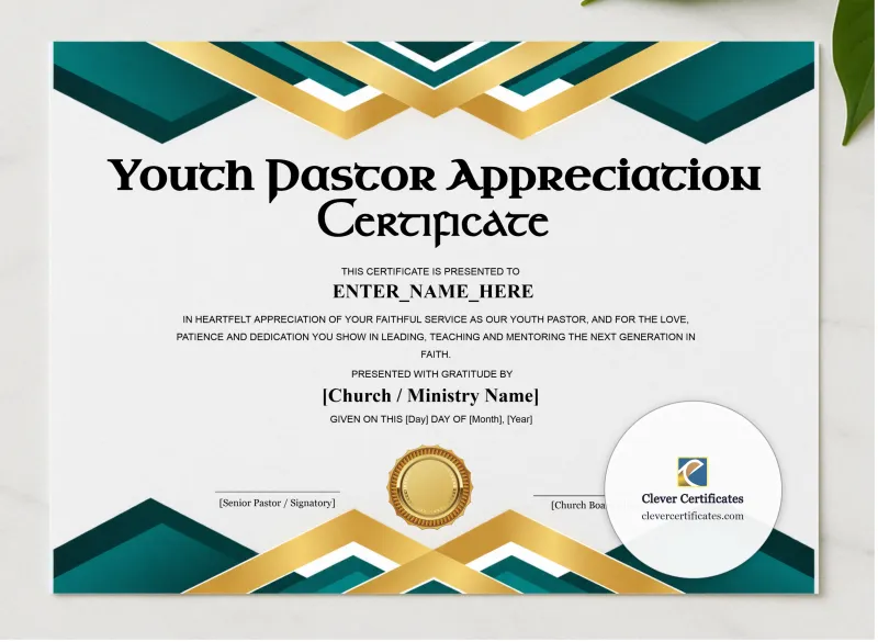 Youth Pastor Appreciation Certificate presented in a sleek wooden frame, elegantly arranged on a stylish table.