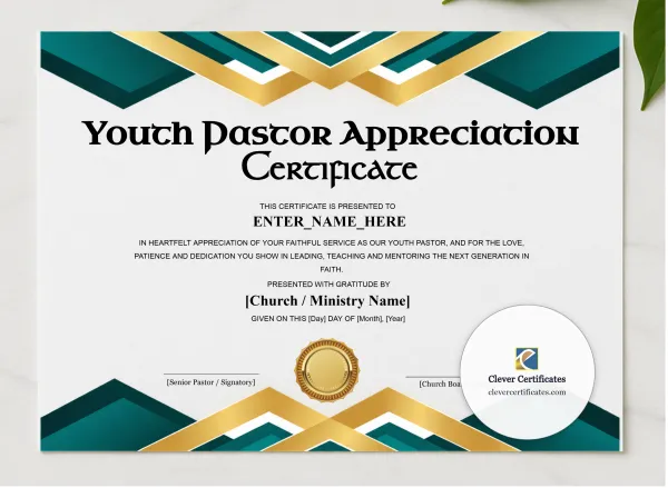 Youth Pastor Appreciation Certificate presented in a sleek wooden frame, elegantly arranged on a stylish table.