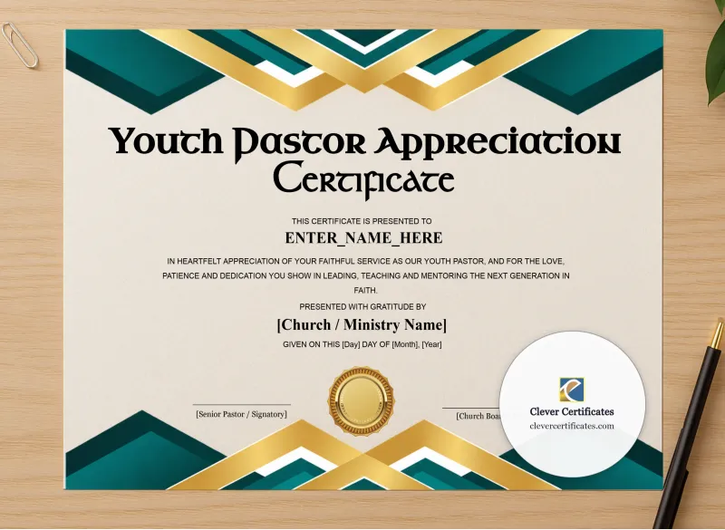 Professional preview of Youth Pastor Appreciation Certificate certificate on high-quality stationery paper, ideal for showcasing the final look.