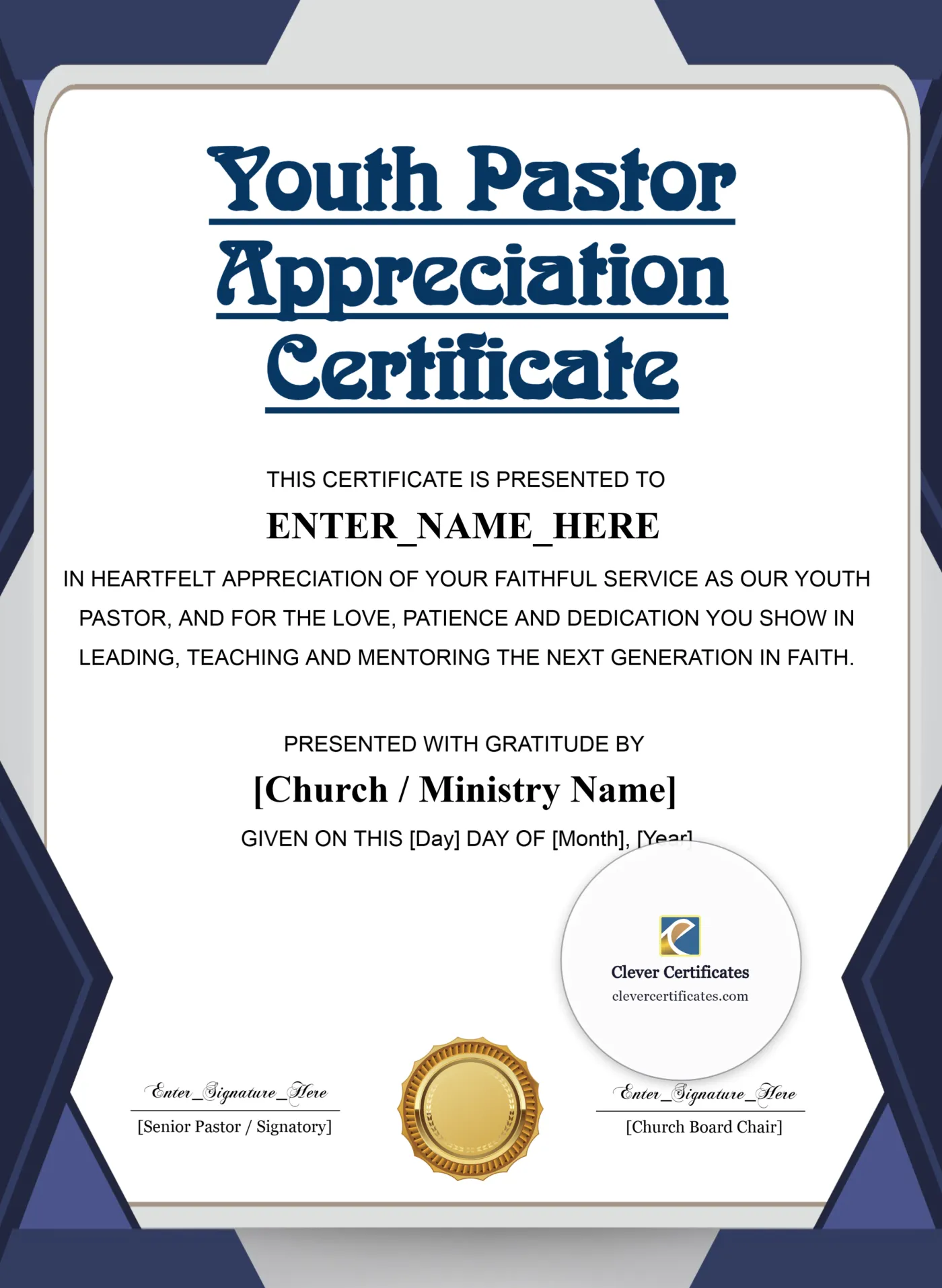 Youth Pastor Appreciation Certificate Portrait — Certificate Template Preview