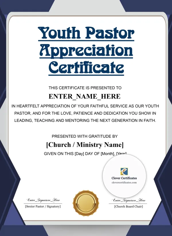 Youth Pastor Appreciation Certificate Portrait — Certificate Template Preview