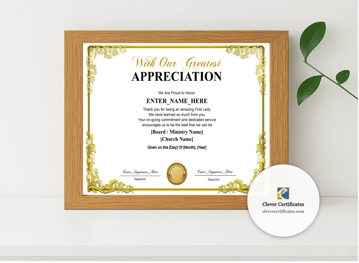 Realistic mockup featuring First Lady Appreciation Certificate displayed within a modern frame, set against a minimalistic background.