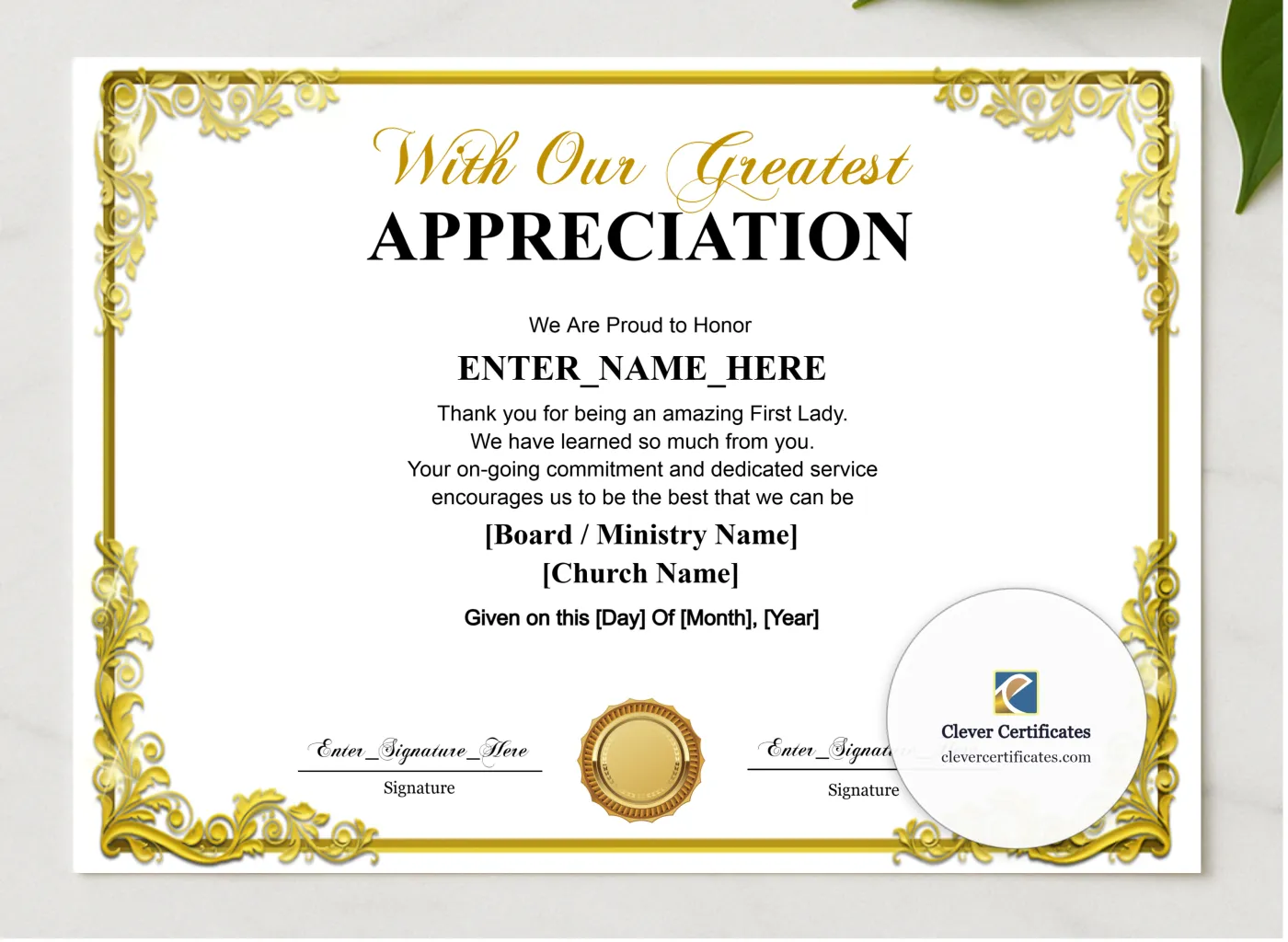 First Lady Appreciation Certificate presented in a sleek wooden frame, elegantly arranged on a stylish table.