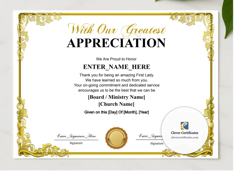 First Lady Appreciation Certificate presented in a sleek wooden frame, elegantly arranged on a stylish table.