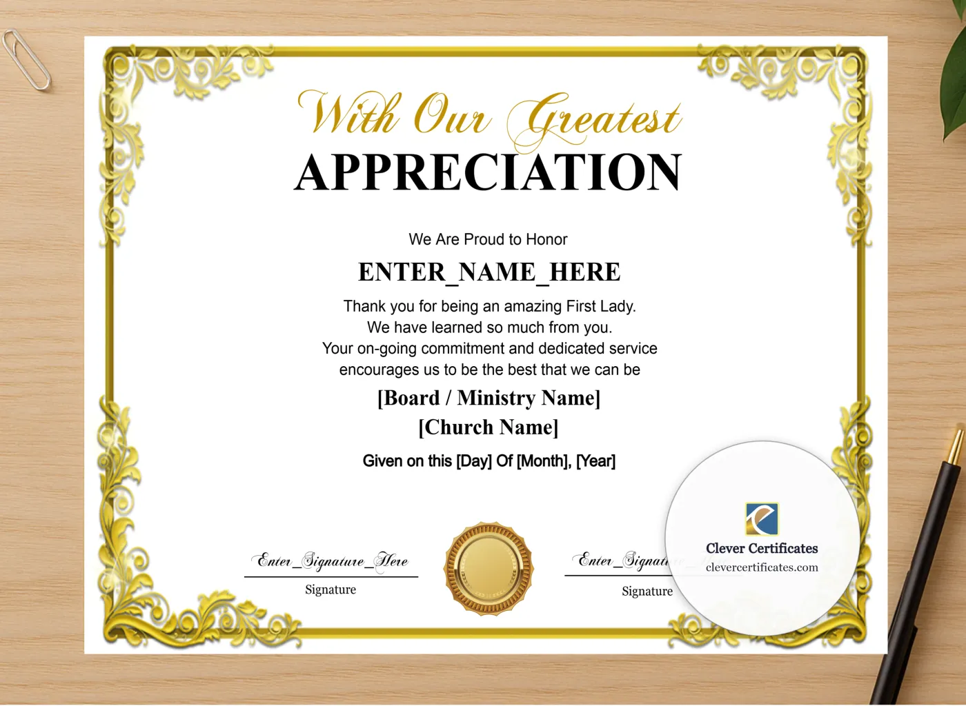 Professional preview of First Lady Appreciation Certificate certificate on high-quality stationery paper, ideal for showcasing the final look.