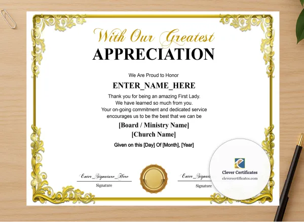 Professional preview of First Lady Appreciation Certificate certificate on high-quality stationery paper, ideal for showcasing the final look.