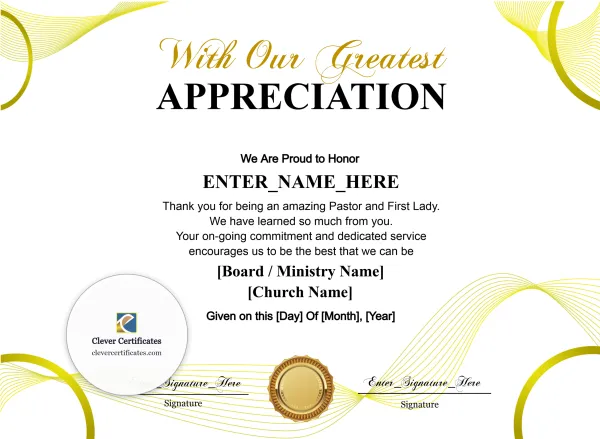 Free Pastor and First Lady Appreciation Certificate
