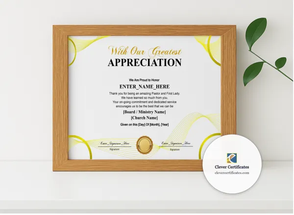 Realistic mockup featuring Pastor And First Lady Appreciation Certificate displayed within a modern frame, set against a minimalistic background.