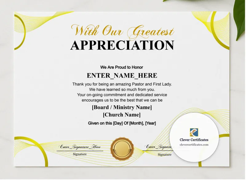 Pastor And First Lady Appreciation Certificate presented in a sleek wooden frame, elegantly arranged on a stylish table.
