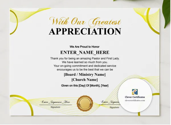 Pastor And First Lady Appreciation Certificate presented in a sleek wooden frame, elegantly arranged on a stylish table.