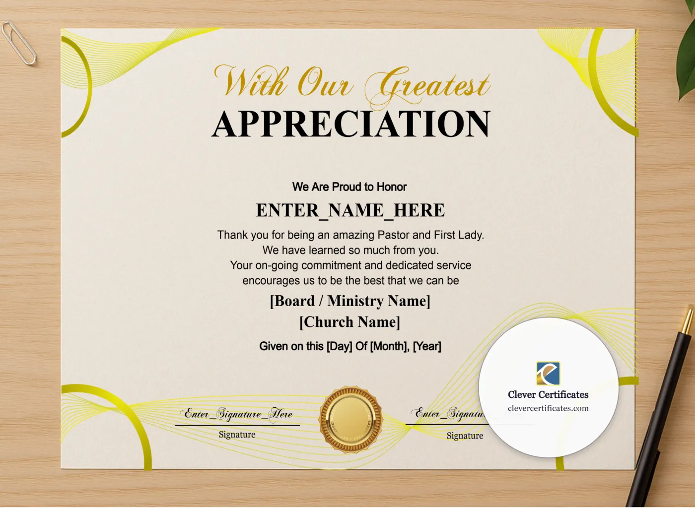 Professional preview of Pastor And First Lady Appreciation Certificate certificate on high-quality stationery paper, ideal for showcasing the final look.
