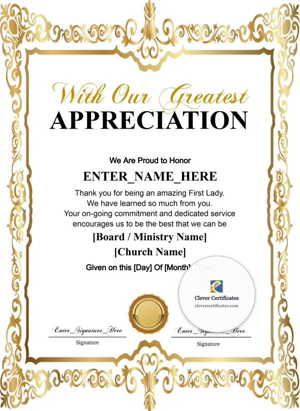 First Lady Appreciation Certificate Portrait — Certificate Template Preview