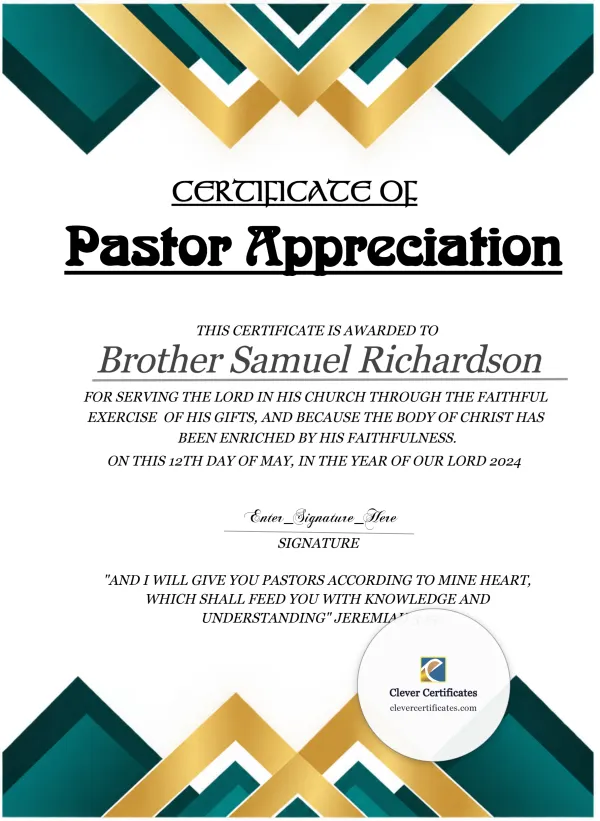 Certificate Of Pastor Appreciation Portrait — Certificate Template Preview