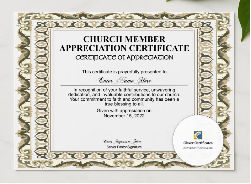 Church Member Appreciation Certificate presented in a sleek wooden frame, elegantly arranged on a stylish table.