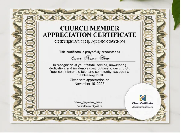 Church Member Appreciation Certificate presented in a sleek wooden frame, elegantly arranged on a stylish table.