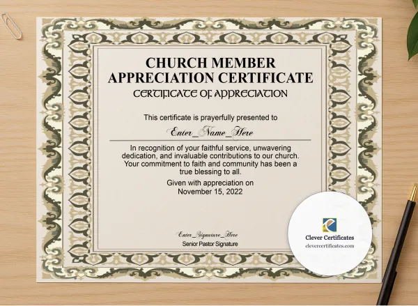 Professional preview of Church Member Appreciation Certificate certificate on high-quality stationery paper, ideal for showcasing the final look.