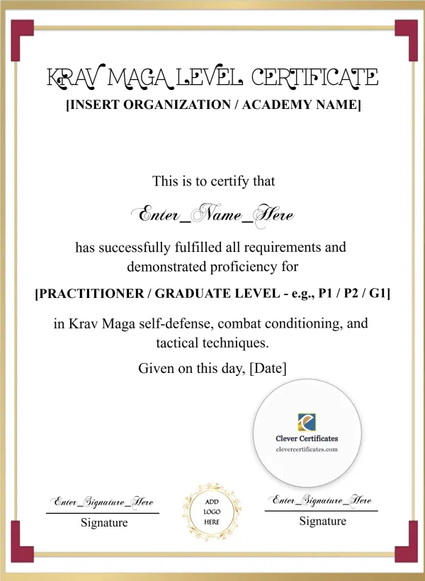 Krav Maga Level Certificate Portrait — Certificate Template Preview