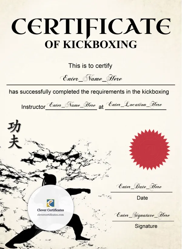 Kickboxing Grading Certificate Portrait — Certificate Template Preview
