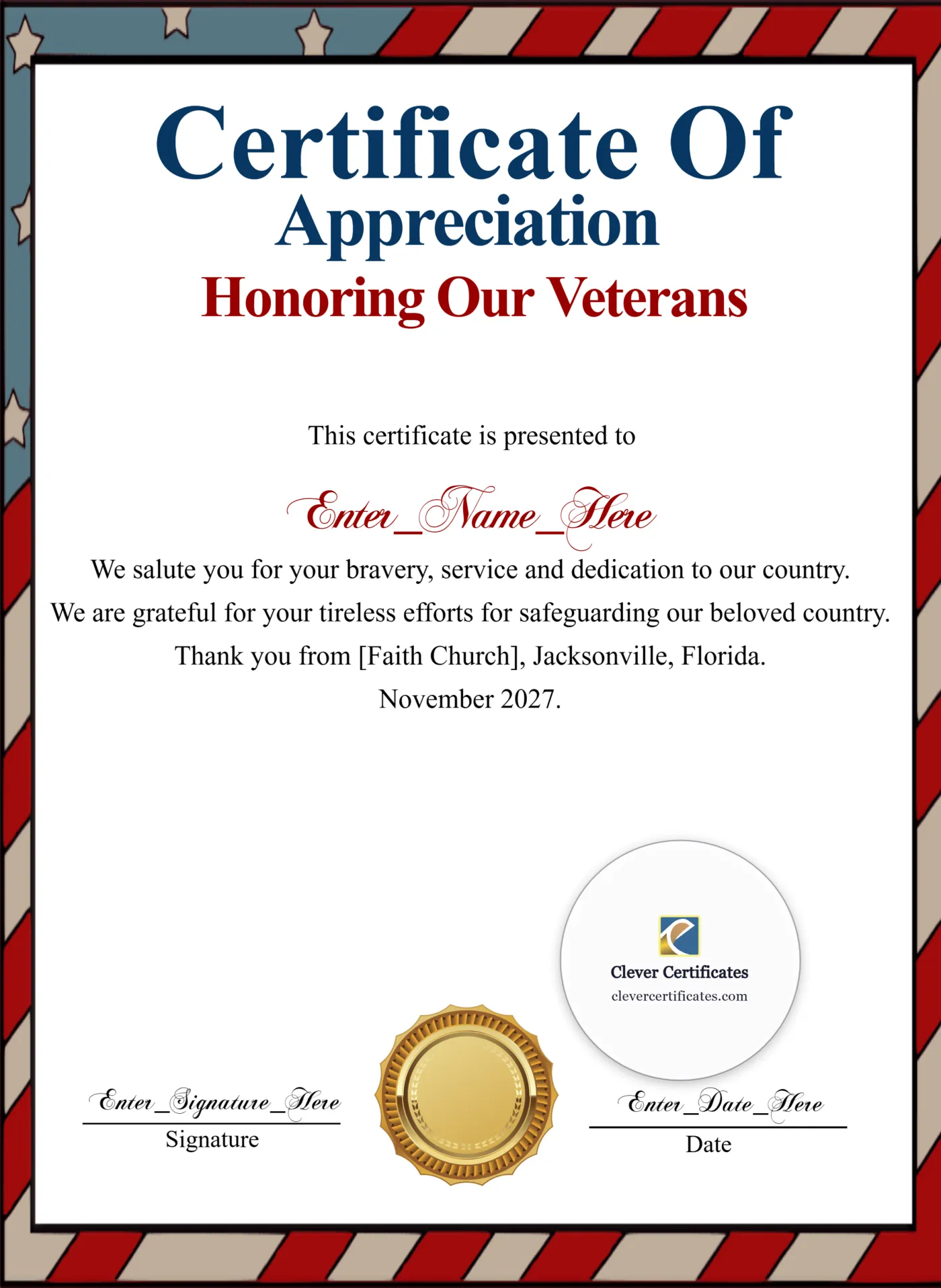 Veterans Day Certificate Of Appreciation Portrait — Certificate Template Preview