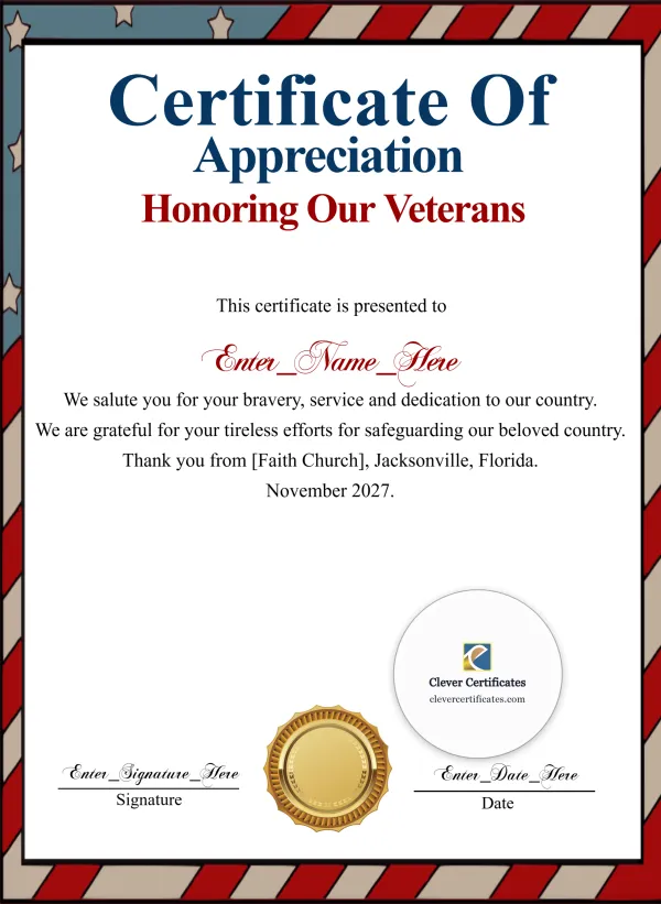 Veterans Day Certificate Of Appreciation Portrait — Certificate Template Preview