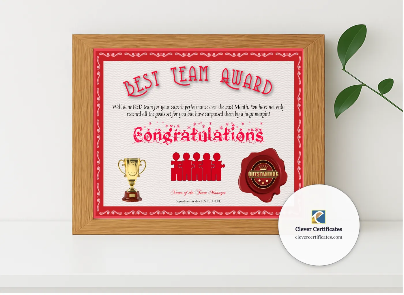 Realistic mockup featuring Best Team Award displayed within a modern frame, set against a minimalistic background.