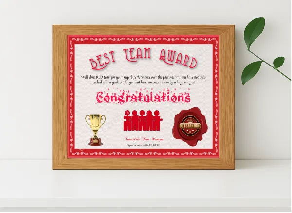 Realistic mockup featuring Best Team Award displayed within a modern frame, set against a minimalistic background.