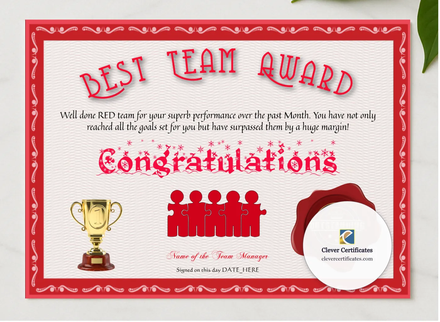 Best Team Award presented in a sleek wooden frame, elegantly arranged on a stylish table.