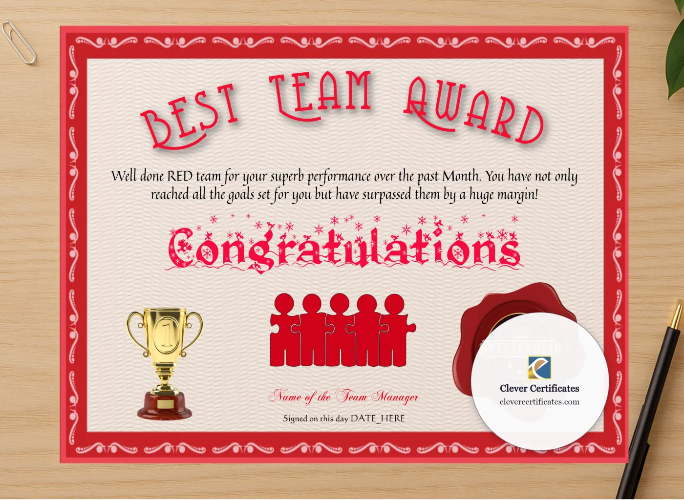 Professional preview of Best Team Award certificate on high-quality stationery paper, ideal for showcasing the final look.
