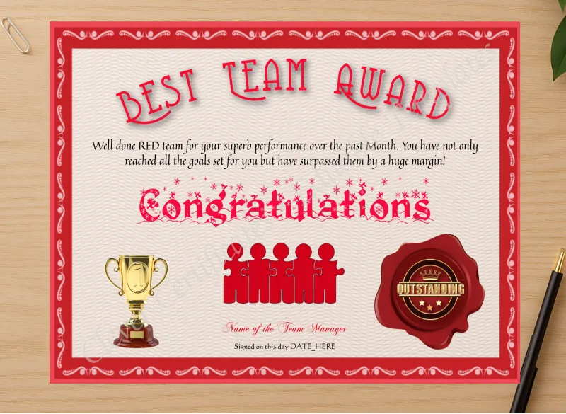 Professional preview of Best Team Award certificate on high-quality stationery paper, ideal for showcasing the final look.