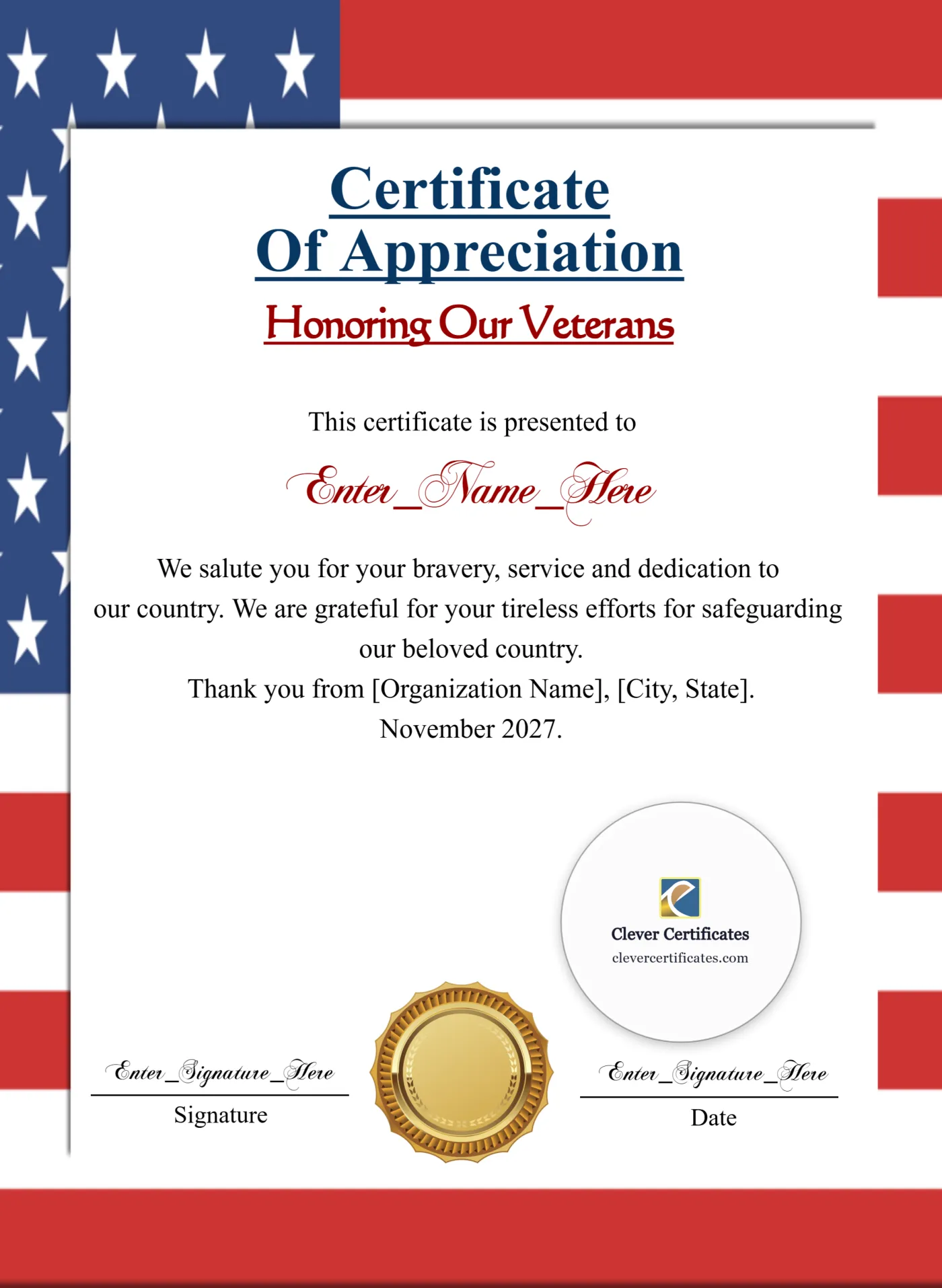 Thank You For Your Service Certificate Portrait — Certificate Template Preview
