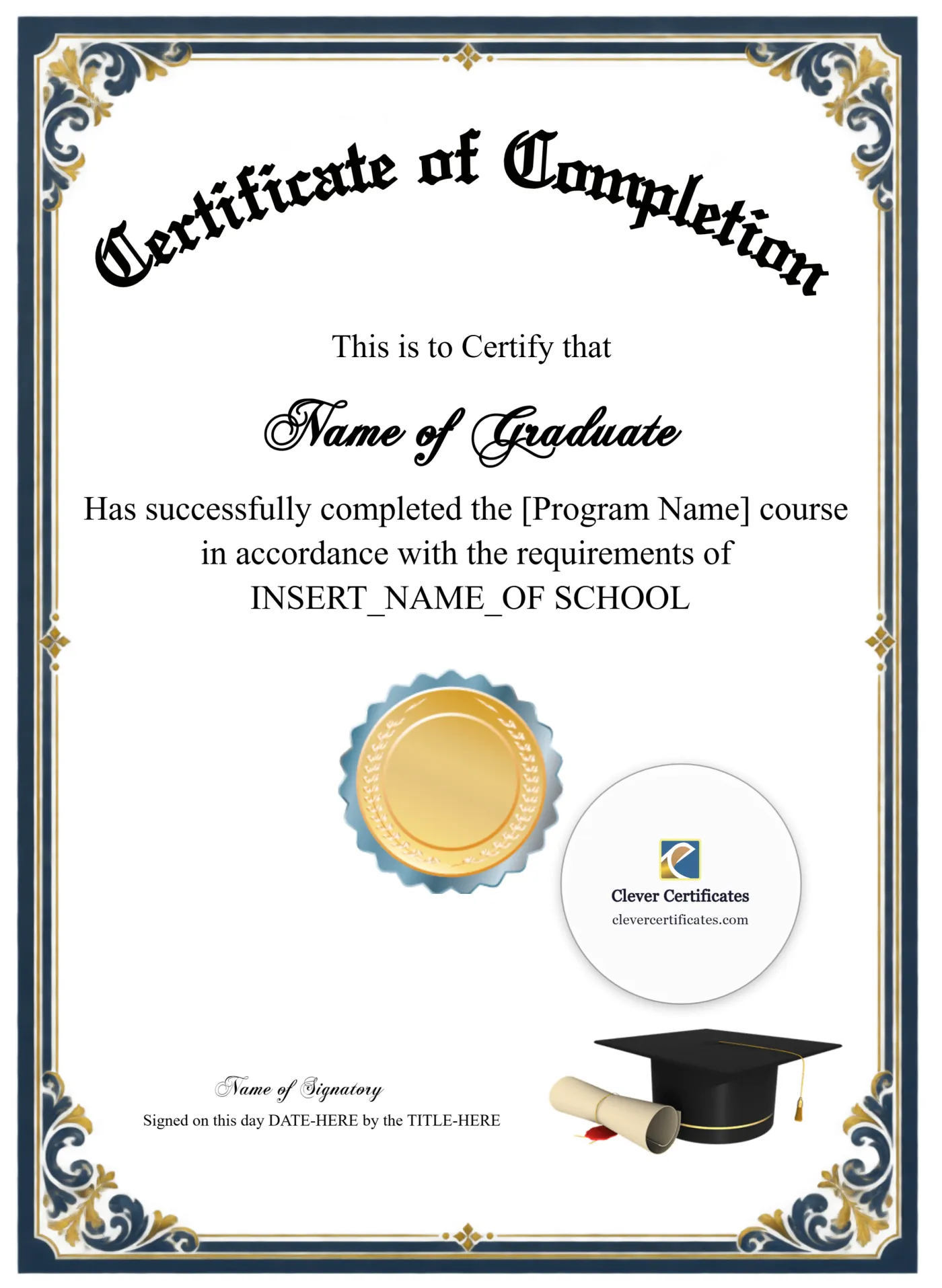 Program Completion Certificate Black Border Scroll Emblem Portrait — Certificate Template Preview