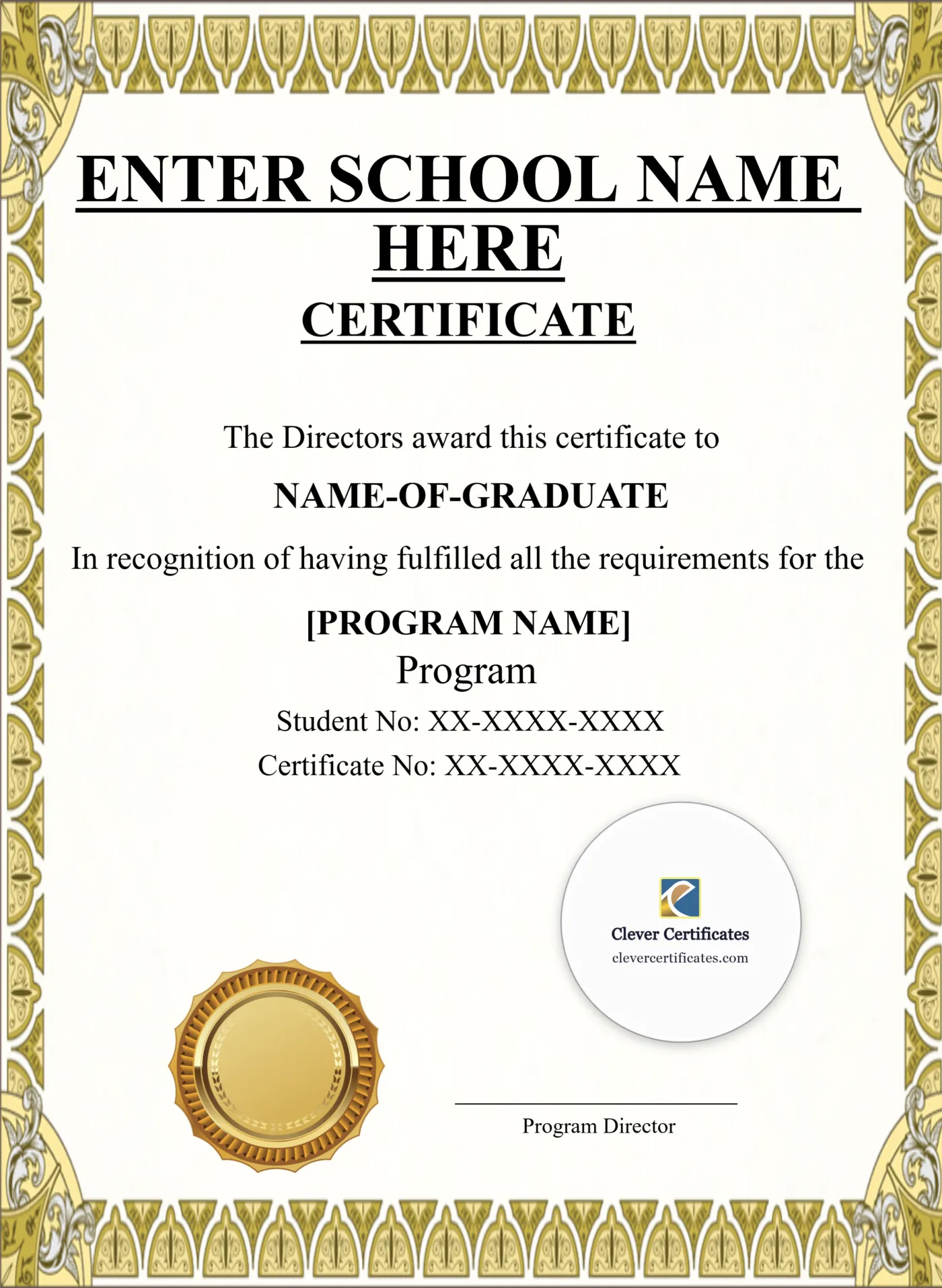 Program Completion Certificate Gold Shields Classic Portrait — Certificate Template Preview