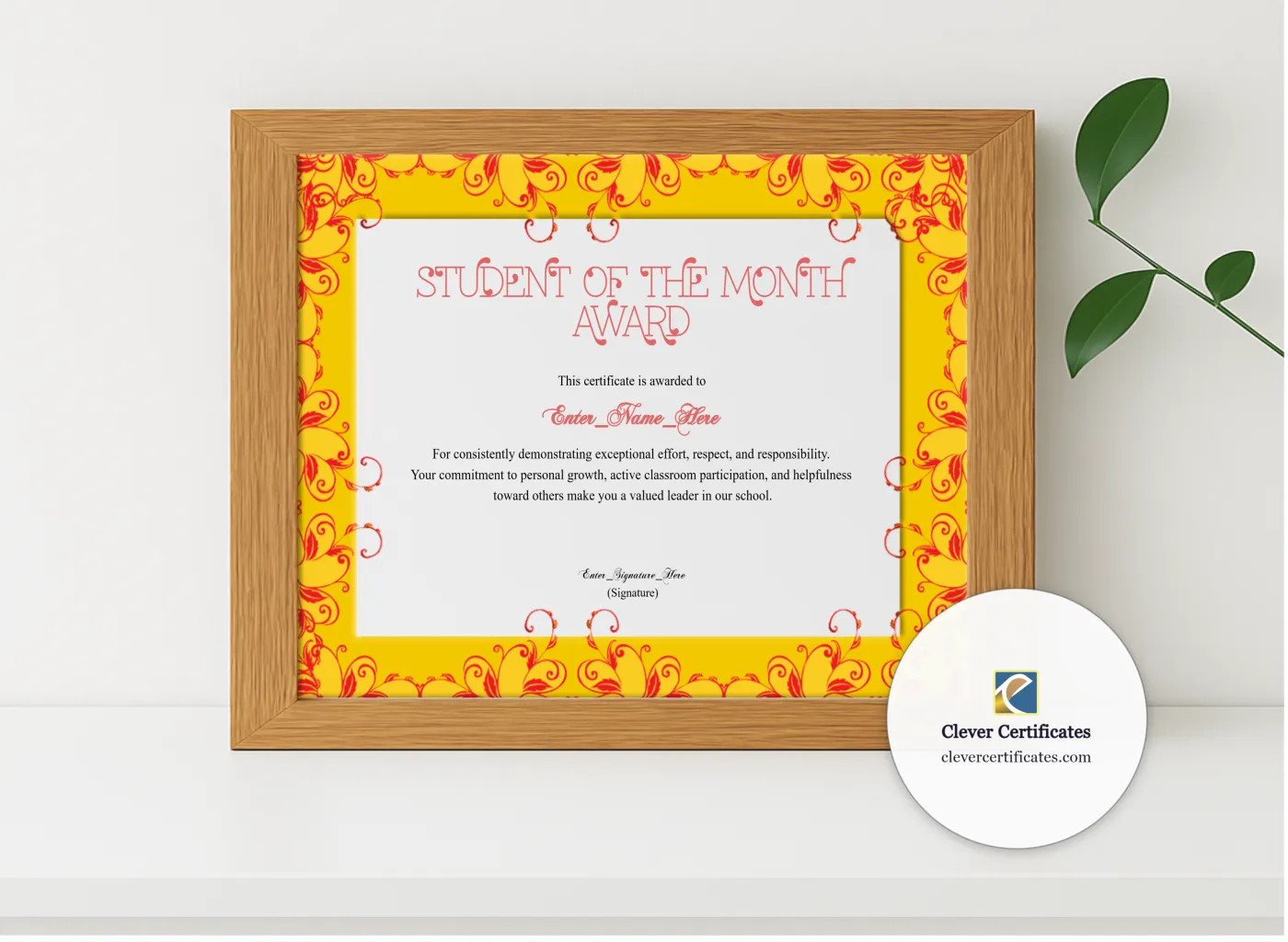 Realistic mockup featuring Middle School Student Of The Month Certificate displayed within a modern frame, set against a minimalistic background.