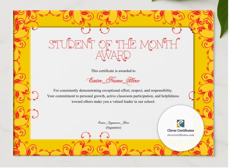 Middle School Student Of The Month Certificate presented in a sleek wooden frame, elegantly arranged on a stylish table.