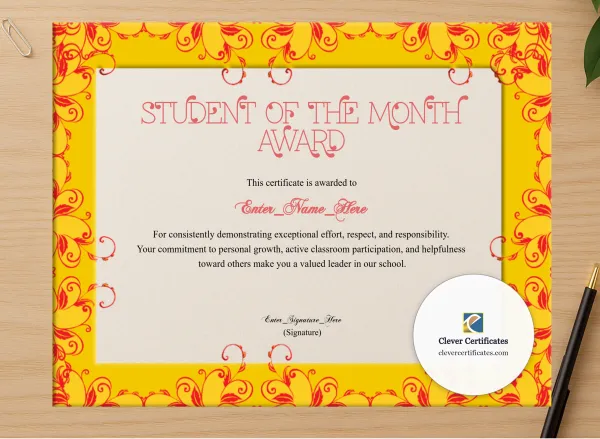 Professional preview of Middle School Student Of The Month Certificate certificate on high-quality stationery paper, ideal for showcasing the final look.
