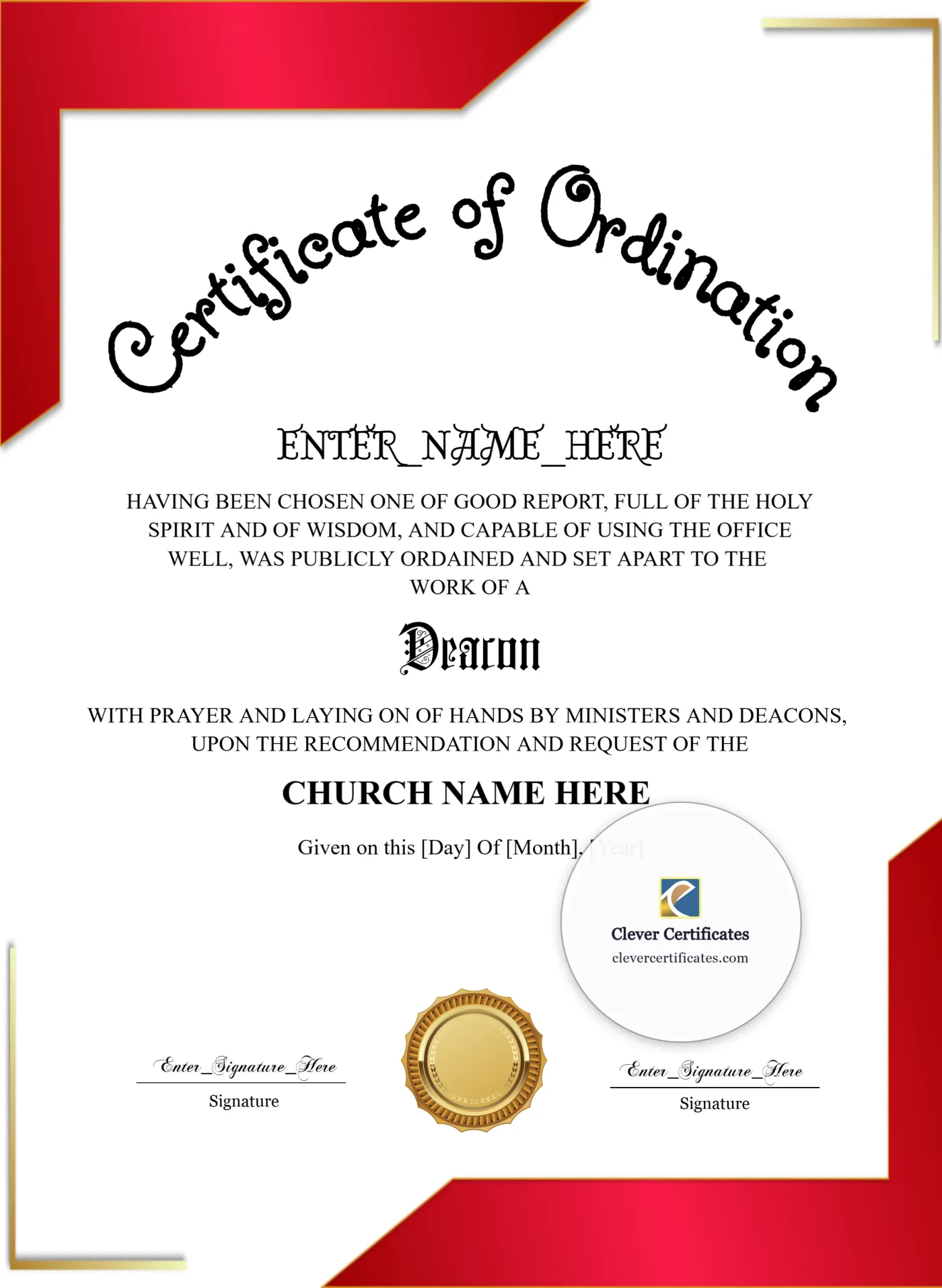 Editable Deacon Ordination Certificate Template Portrait — Certificate Template Preview