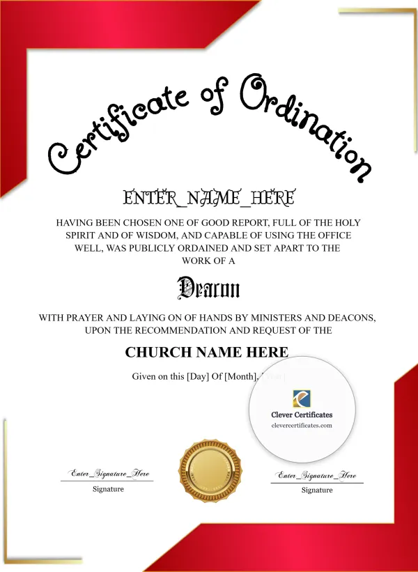 Editable Deacon Ordination Certificate Template Portrait — Certificate Template Preview