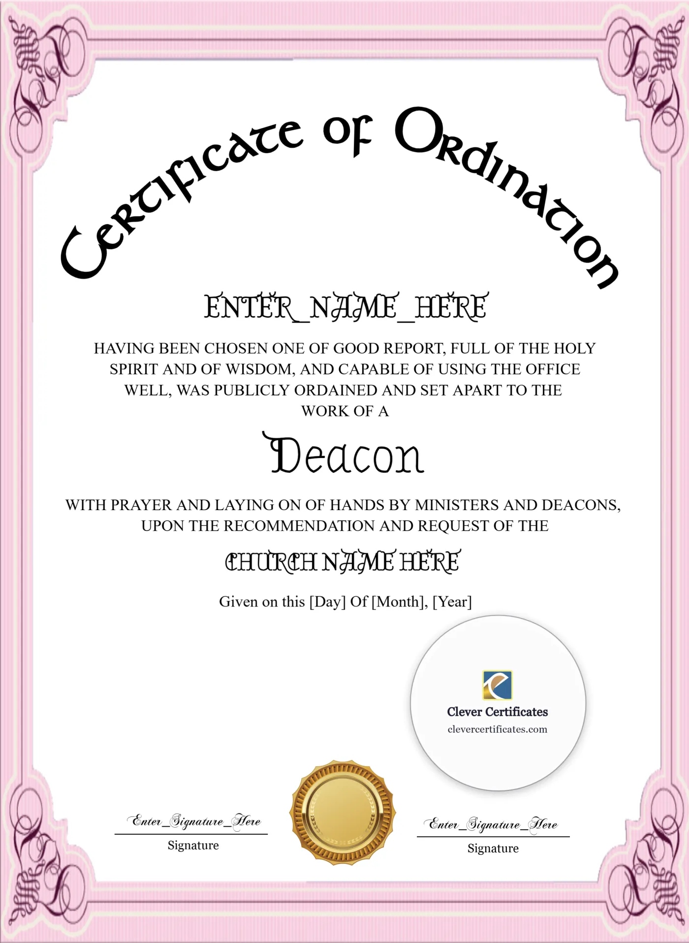 Editable Deacon Ordination Certificate Portrait — Certificate Template Preview