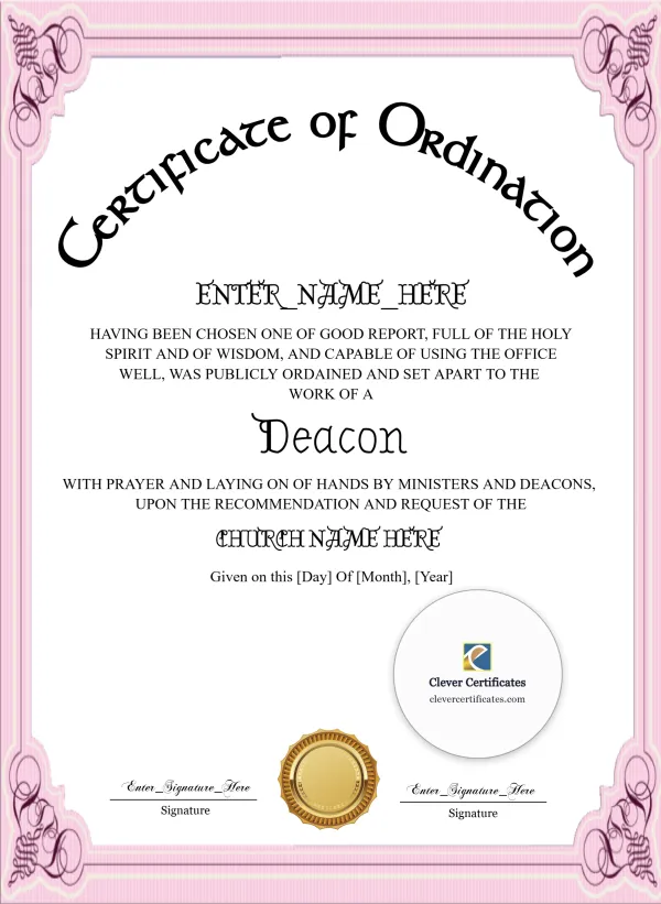 Editable Deacon Ordination Certificate Portrait — Certificate Template Preview