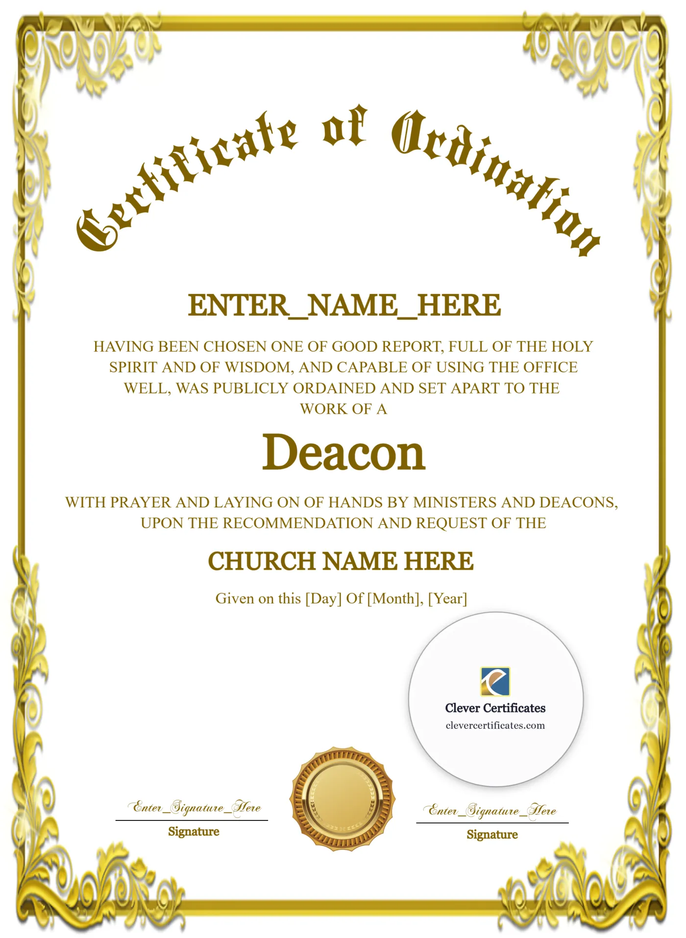 Deacon Ordination Certificate Classic Gold Portrait — Certificate Template Preview