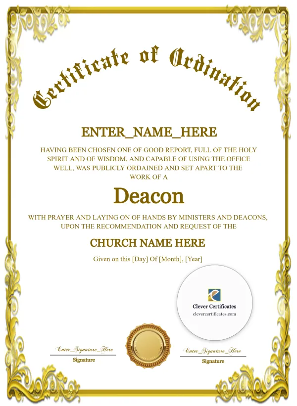 Deacon Ordination Certificate Classic Gold Portrait — Certificate Template Preview