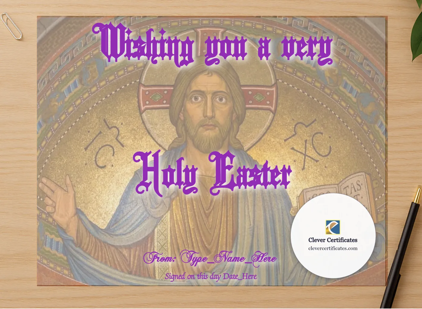 Professional preview of A Very Holy Easter certificate on high-quality stationery paper, ideal for showcasing the final look.