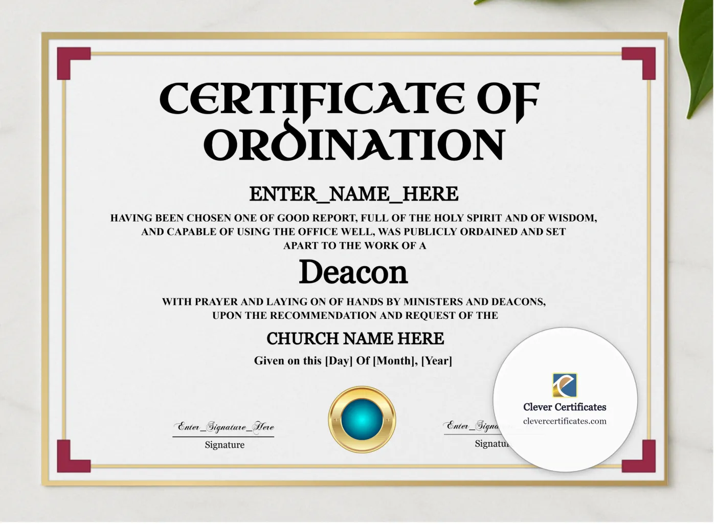 Deacon Ordination Certificate Navy Seal Landscape presented in a sleek wooden frame, elegantly arranged on a stylish table.