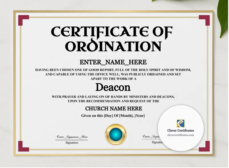 Deacon Ordination Certificate Navy Seal Landscape presented in a sleek wooden frame, elegantly arranged on a stylish table.