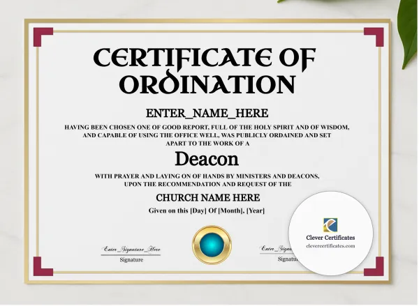 Deacon Ordination Certificate Navy Seal Landscape presented in a sleek wooden frame, elegantly arranged on a stylish table.
