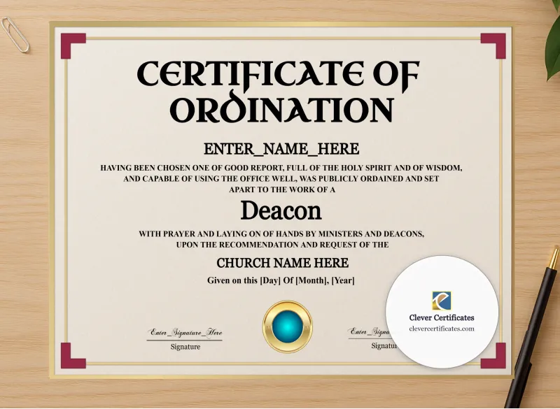 Professional preview of Deacon Ordination Certificate Navy Seal Landscape certificate on high-quality stationery paper, ideal for showcasing the final look.
