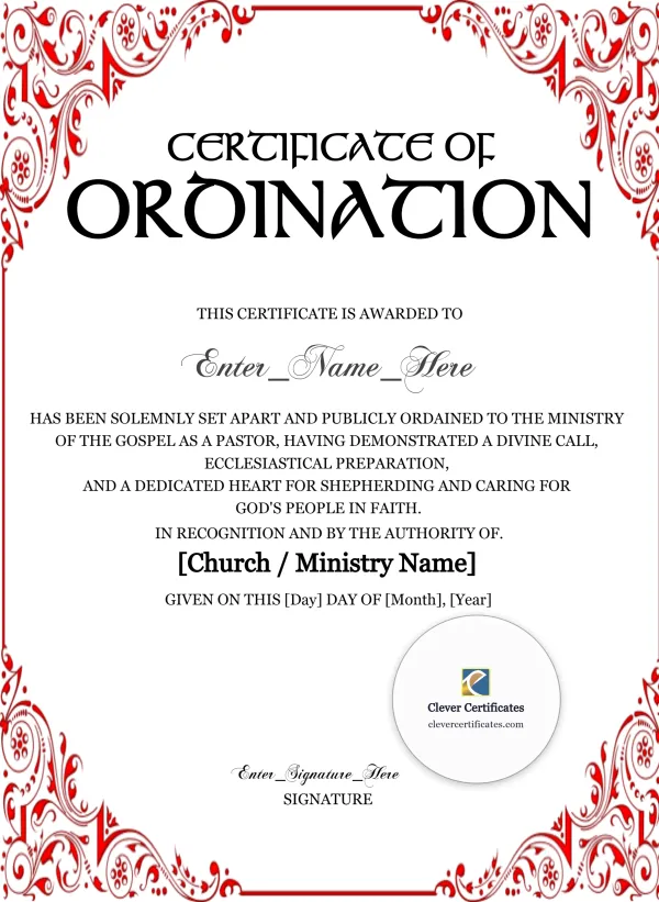 Free Pastor Ordination Certificate — Red Filigree Portrait